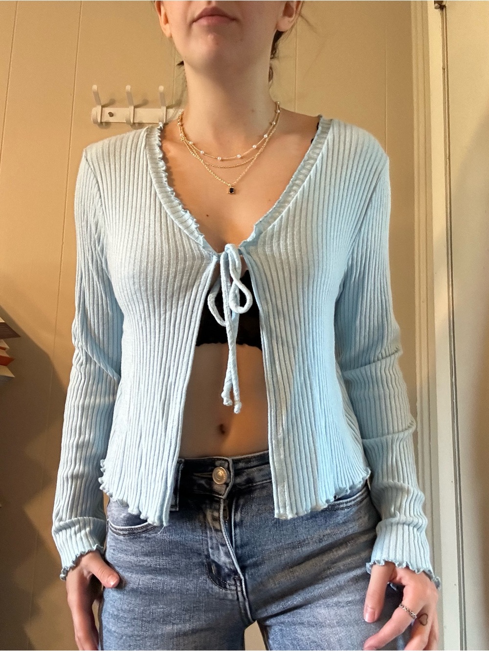 gaze Pastel Blue Ribbed Knit Tie-Front Top